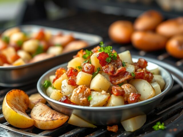 Zomerse aardappelsalade met spekjes — AI-gegenereerde illustratie