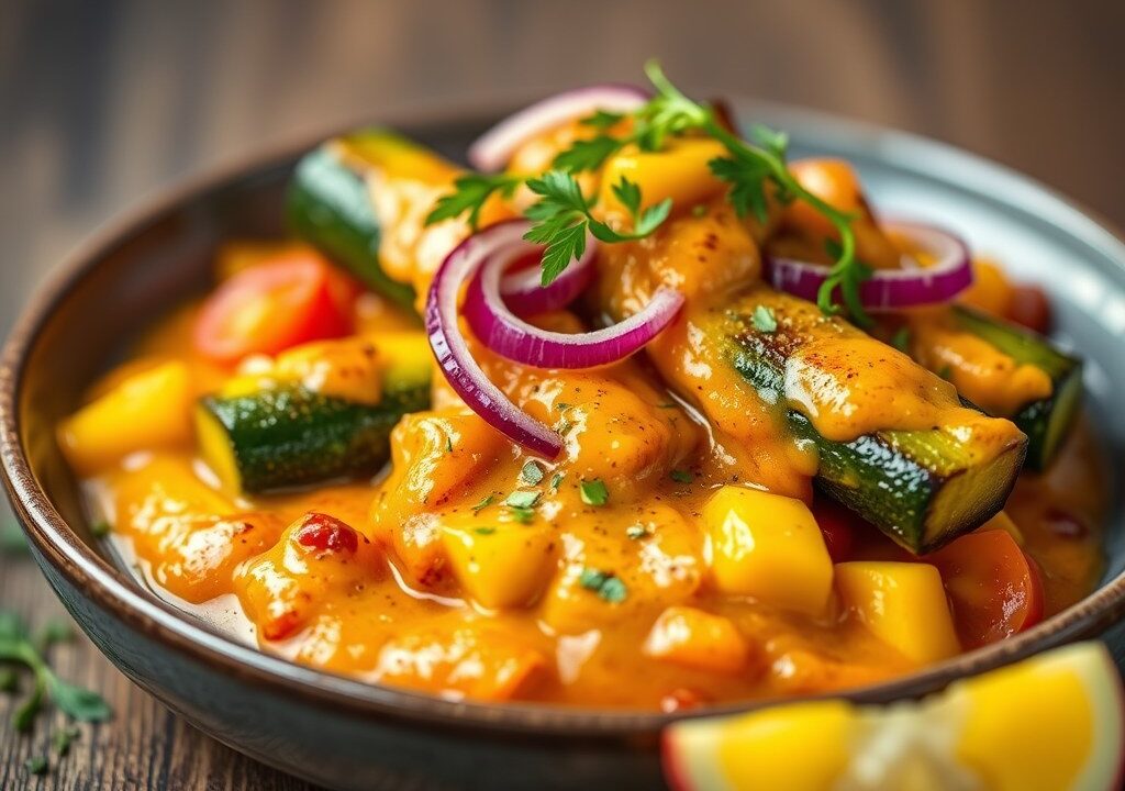 Zomerse courgettes met mangosaus, AI-gegenereerde illustratie