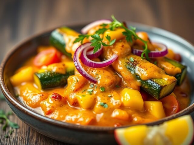 Zomerse courgettes met mangosaus — AI-gegenereerde illustratie