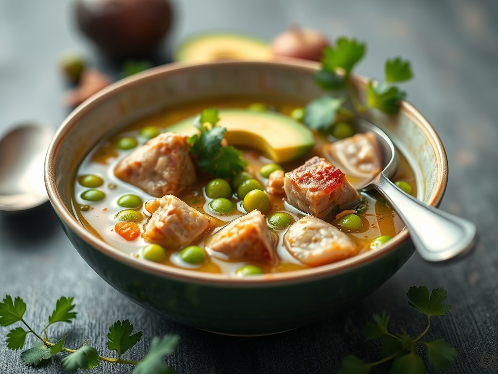 Zomerse gevogeltebouillon met avocado en garnaaltjes, AI-gegenereerde illustratie