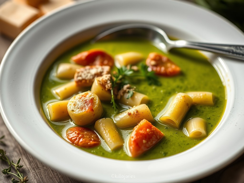 Zomerse kalfskotelet met canneloni in groene velouté, AI-gegenereerde illustratie