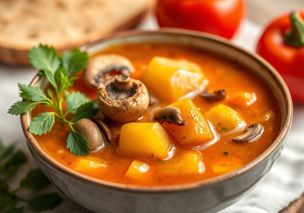 Zomerse paprikasoep met champignons, AI-gegenereerde illustratie