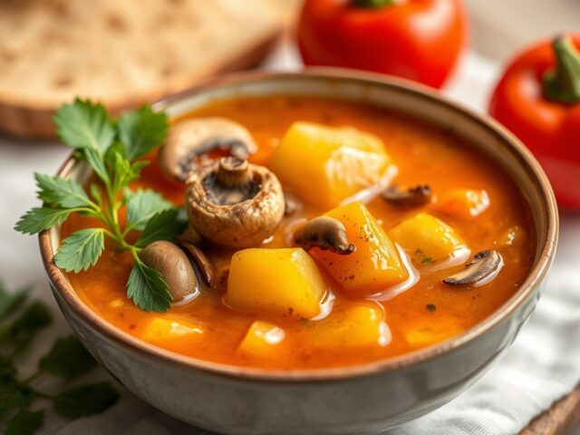 Zomerse paprikasoep met champignons — AI-gegenereerde illustratie