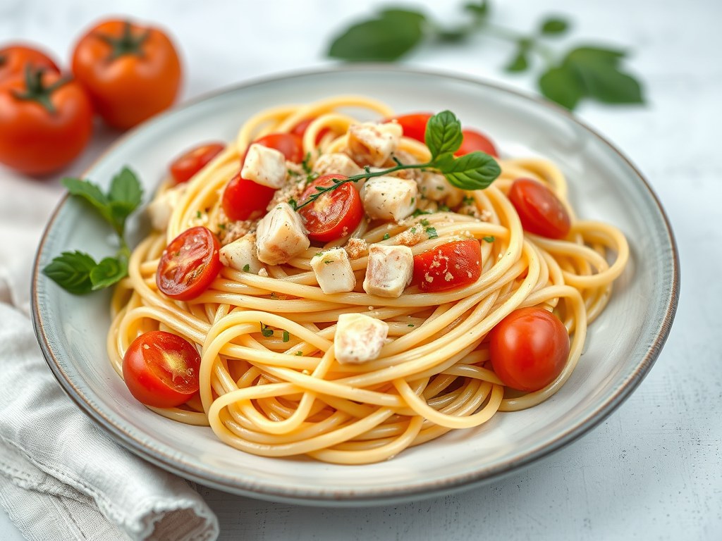 Zuiderse pasta met trostomaten & tonijn, AI-gegenereerde illustratie