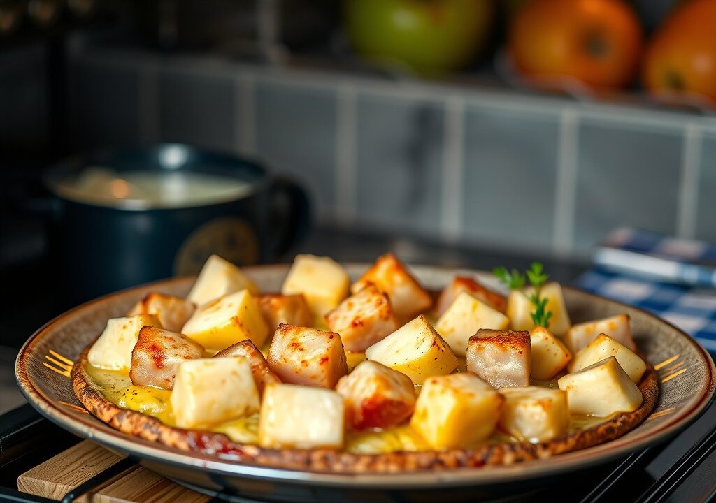 Zuurkoolstamppot uit de oven met appel, hamblokjes en gevulde brie, AI-gegenereerde illustratie