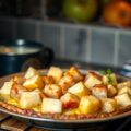 Zuurkoolstamppot uit de oven met appel, hamblokjes en gevulde brie