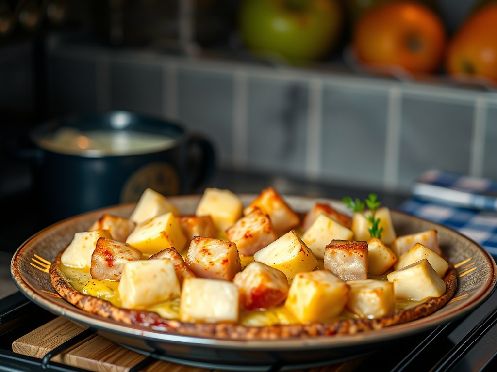Zuurkoolstamppot uit de oven met appel, hamblokjes en gevulde brie, AI-gegenereerde illustratie