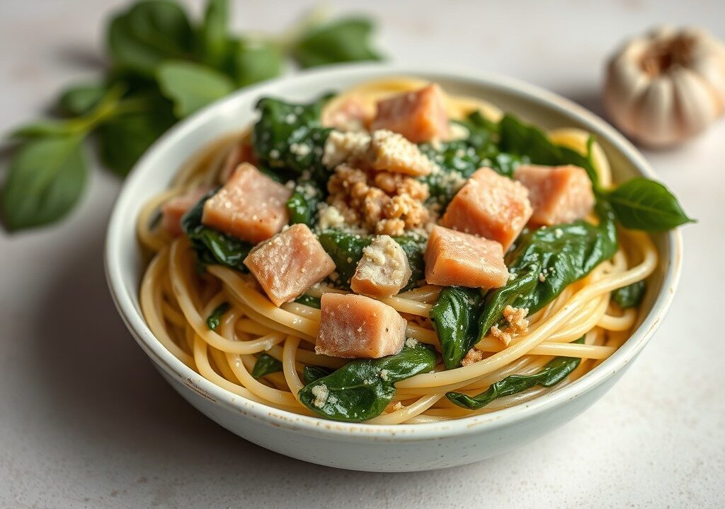 A – Klasse Pasta-spinazie à la crème, AI-gegenereerde illustratie
