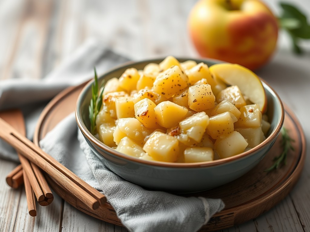 Aardappel- appelpuree, AI-gegenereerde illustratie