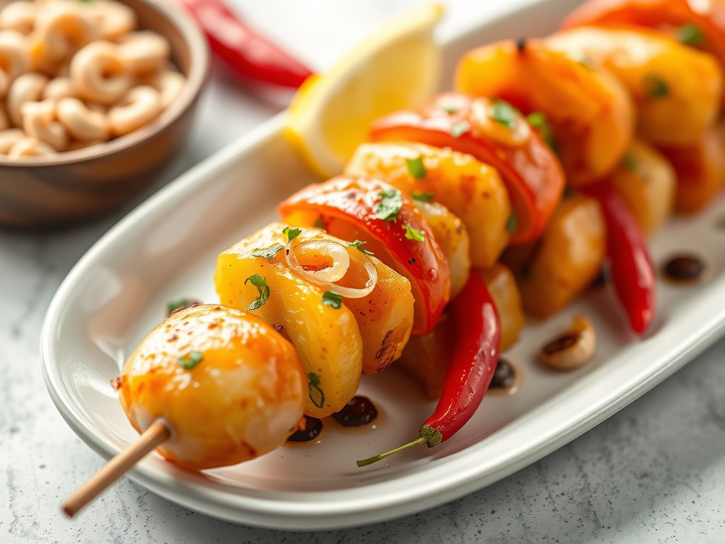 Aardappel-brochette met zeevruchten, AI-gegenereerde illustratie