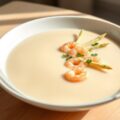 Aardappel- en aspergesoep met garnalen