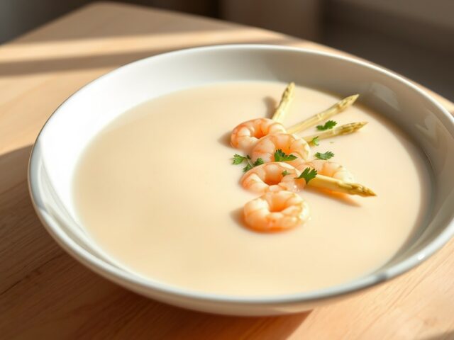 Aardappel- en aspergesoep met garnalen