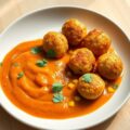 Aardappel- en kippenballetjes met maïs en geroosterde paprikasaus