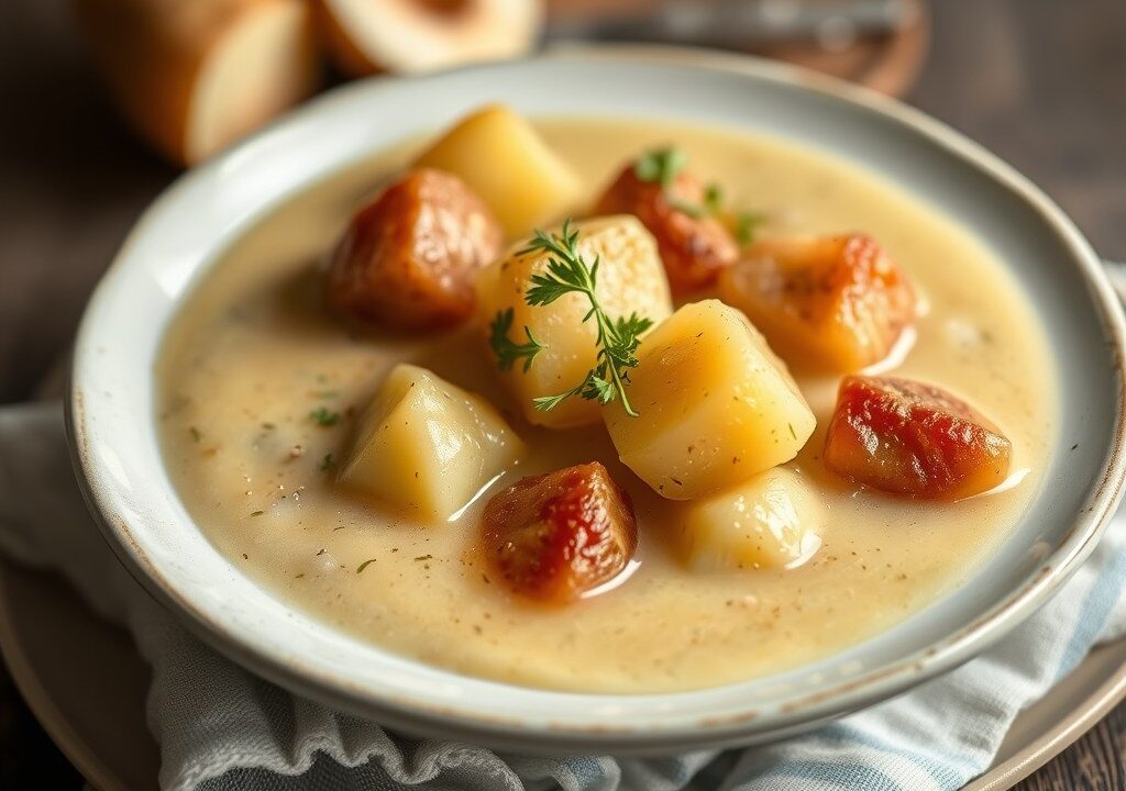 Aardappel- en waterkerssoep met leng, AI-gegenereerde illustratie