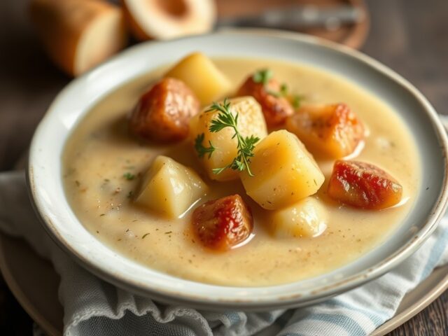 Aardappel- en waterkerssoep met leng — AI-gegenereerde illustratie