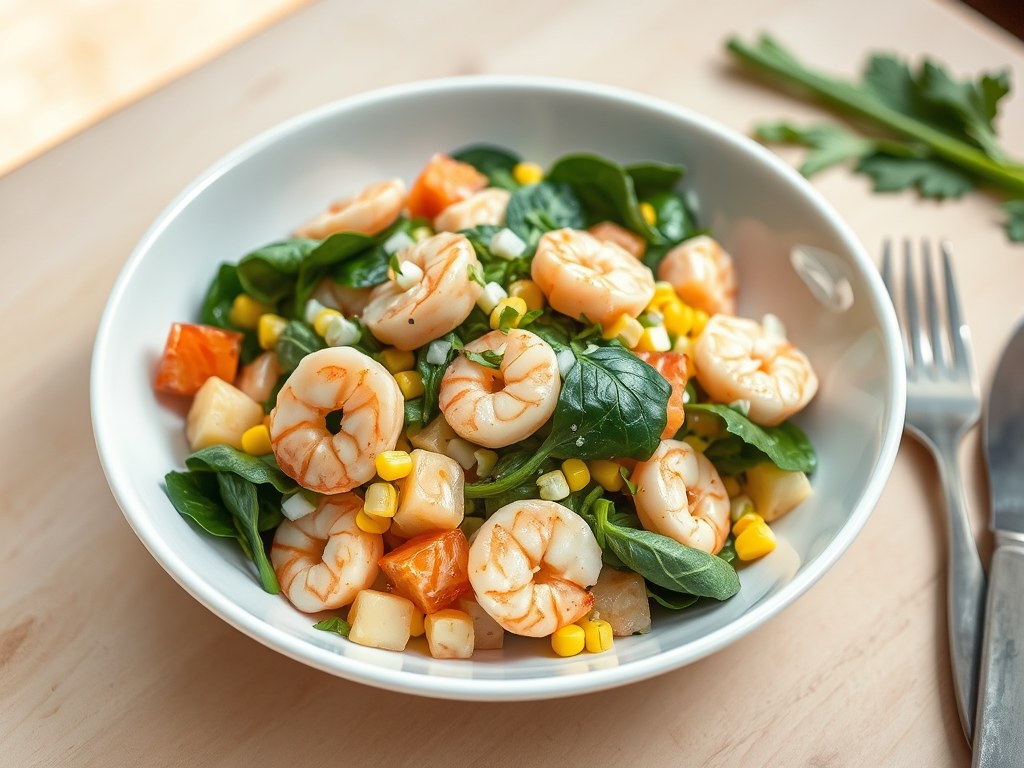Aardappel-Garnalensalade met zalm, AI-gegenereerde illustratie