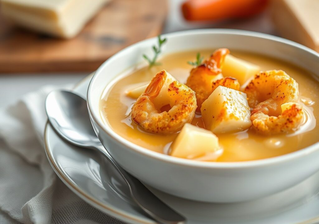 Aardappel-garnalensoep met gebakken visblokjes — AI-gegenereerde illustratie
