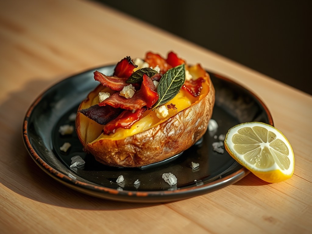 Aardappel gevuld met bacon, AI-gegenereerde illustratie