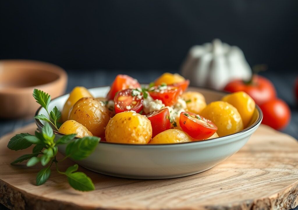 Aardappel in de schil met kaas en tomaat, AI-gegenereerde illustratie