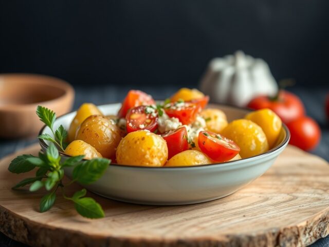 Aardappel in de schil met kaas en tomaat — AI-gegenereerde illustratie