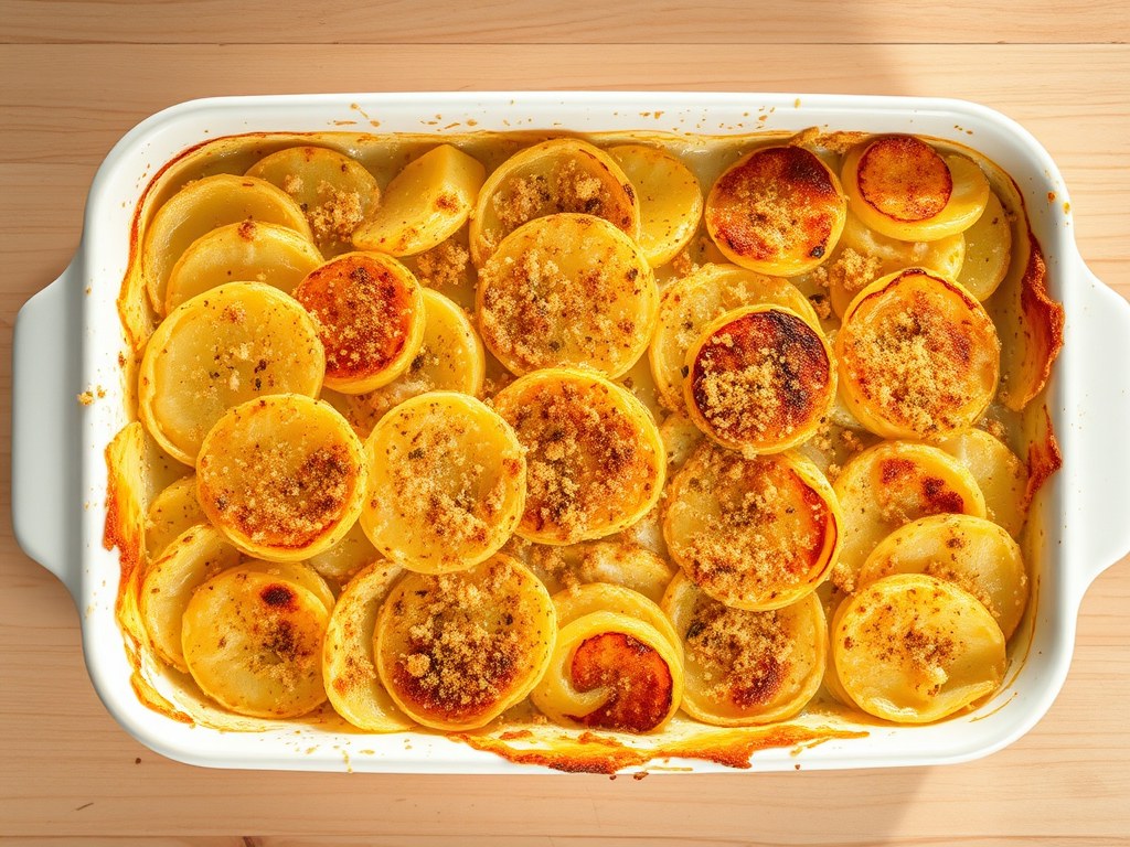 Aardappel-knolseldergratin met truffelolie, AI-gegenereerde illustratie