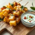 Aardappel-lauriersaté met kwarkdip