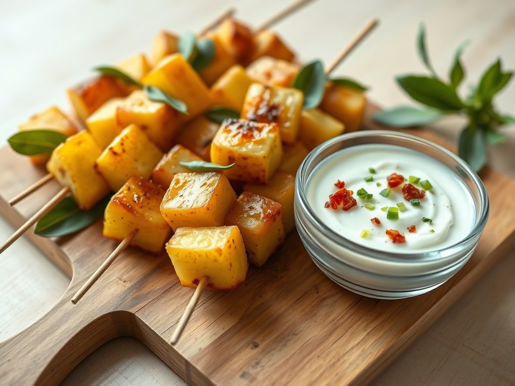 Aardappel-lauriersaté met kwarkdip, AI-gegenereerde illustratie