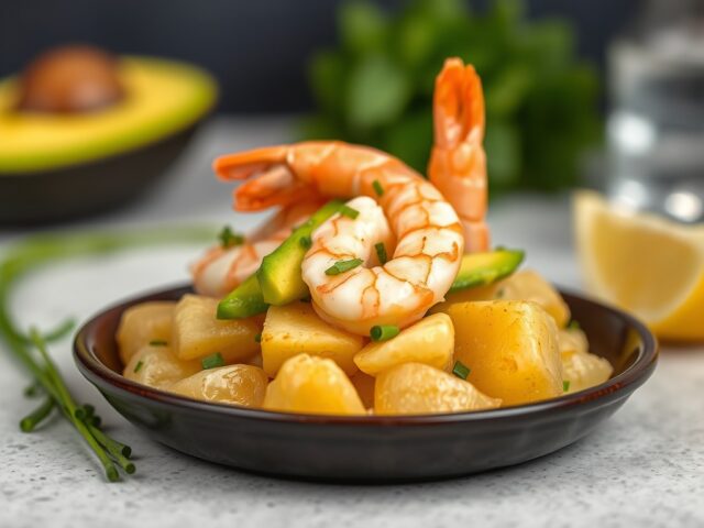 Aardappel met avocado en garnalen