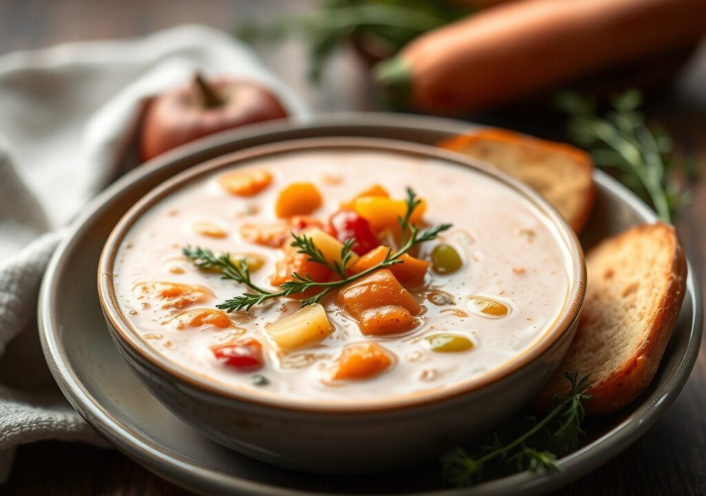 Aardappel-paprika-wortelsoep — AI-gegenereerde illustratie
