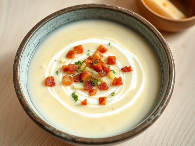 Aardappel-preisoep met kaas en spek