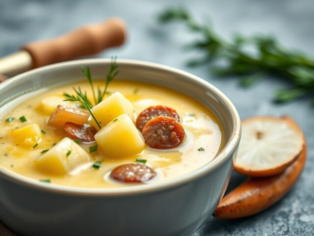 Aardappel preisoep met worst