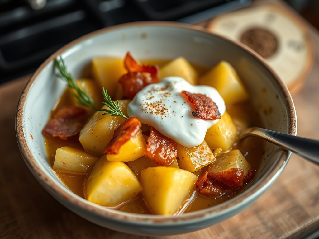 Aardappel-spekkoek uit de oven, AI-gegenereerde illustratie