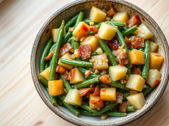 Aardappel sperziebonenschotel met spek
