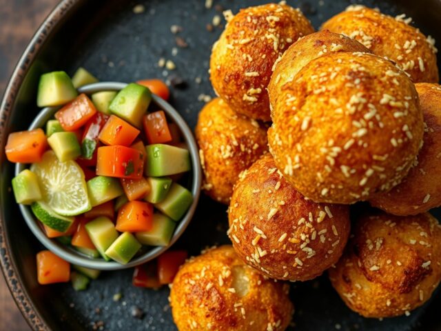 Aardappelballetjes met salsa van avocado en tomaat