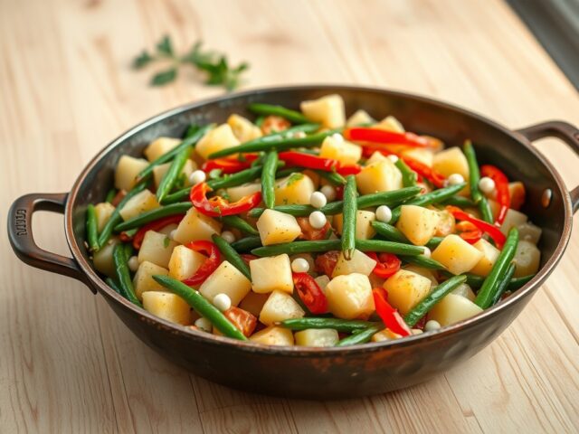 Aardappelblokjes met sperziebonen