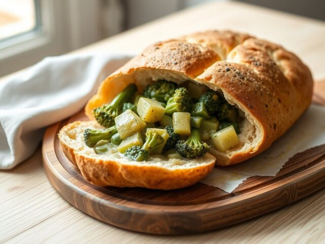Aardappelbrood gevuld met een ragout van groene gr