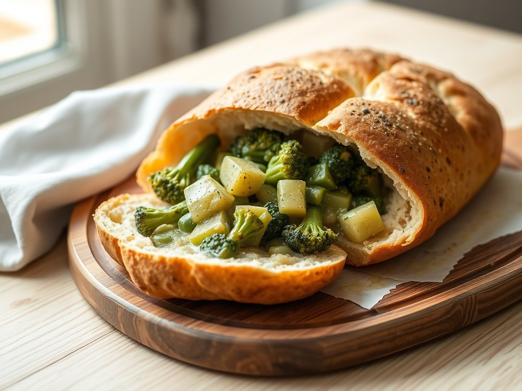 Aardappelbrood gevuld met een ragout van groene gr, AI-gegenereerde illustratie