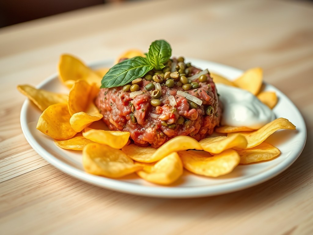 Aardappelchips met américain, AI-gegenereerde illustratie