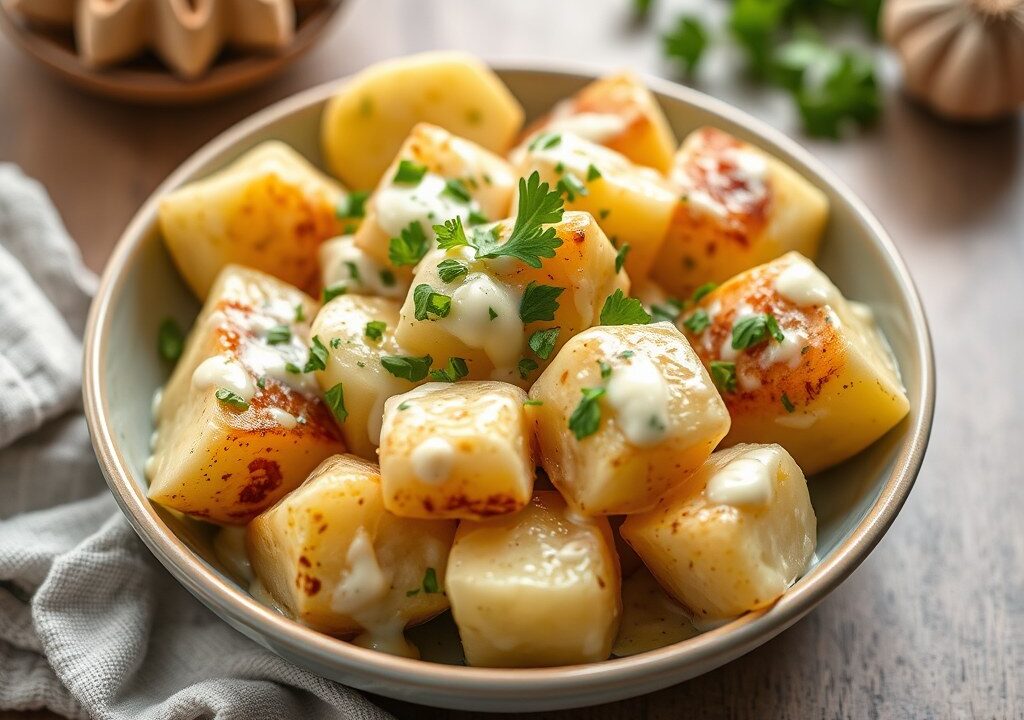 Aardappelen in knoflookmayonaise, AI-gegenereerde illustratie