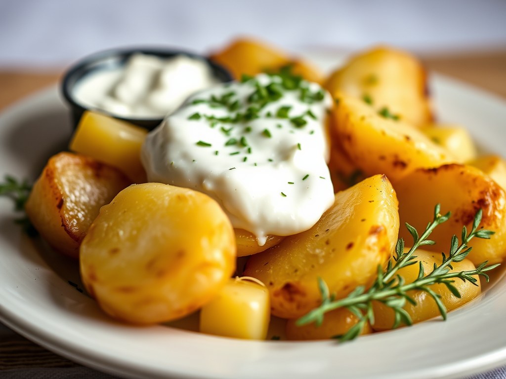 Aardappelen met creme fraiche-vulling, AI-gegenereerde illustratie