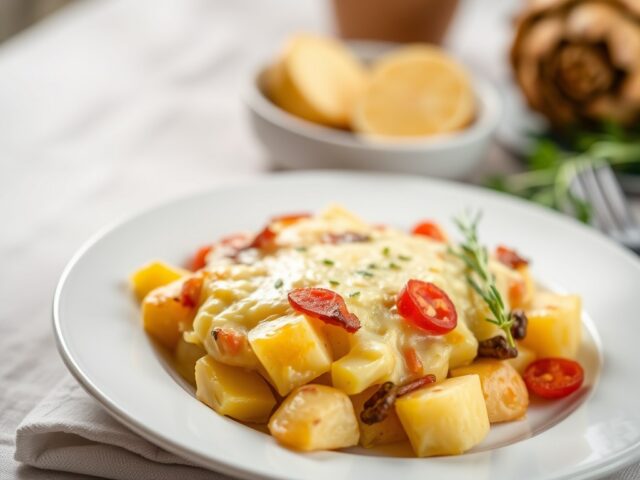 Aardappelgratin met chorizo en artisjok