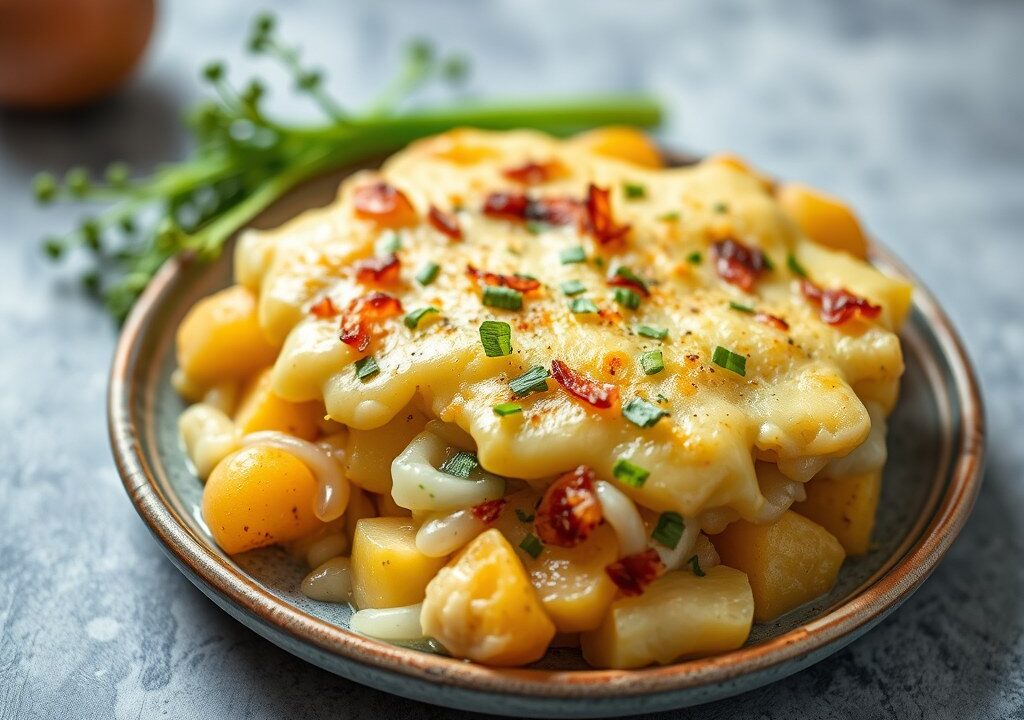 Aardappelgratin met groenlof en ui, AI-gegenereerde illustratie