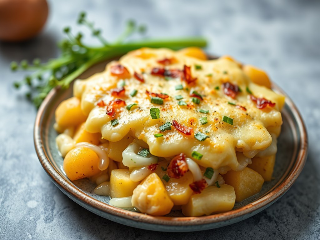Aardappelgratin met groenlof en ui, AI-gegenereerde illustratie