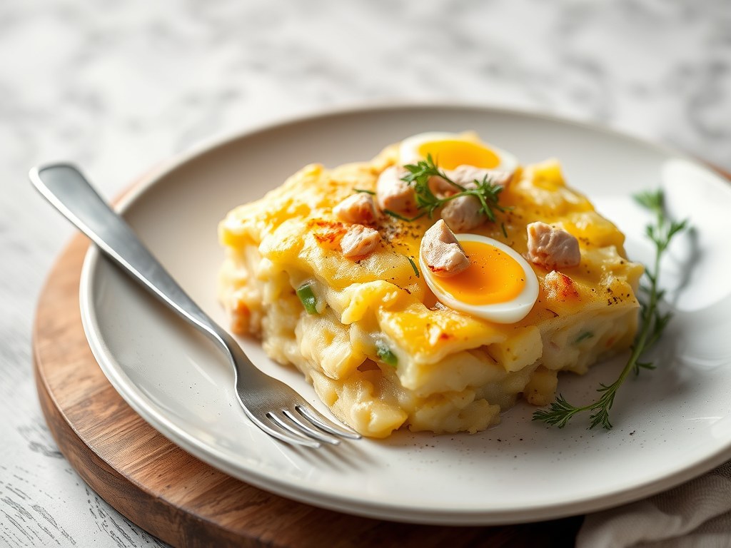 Aardappelgratin met tonijn, AI-gegenereerde illustratie