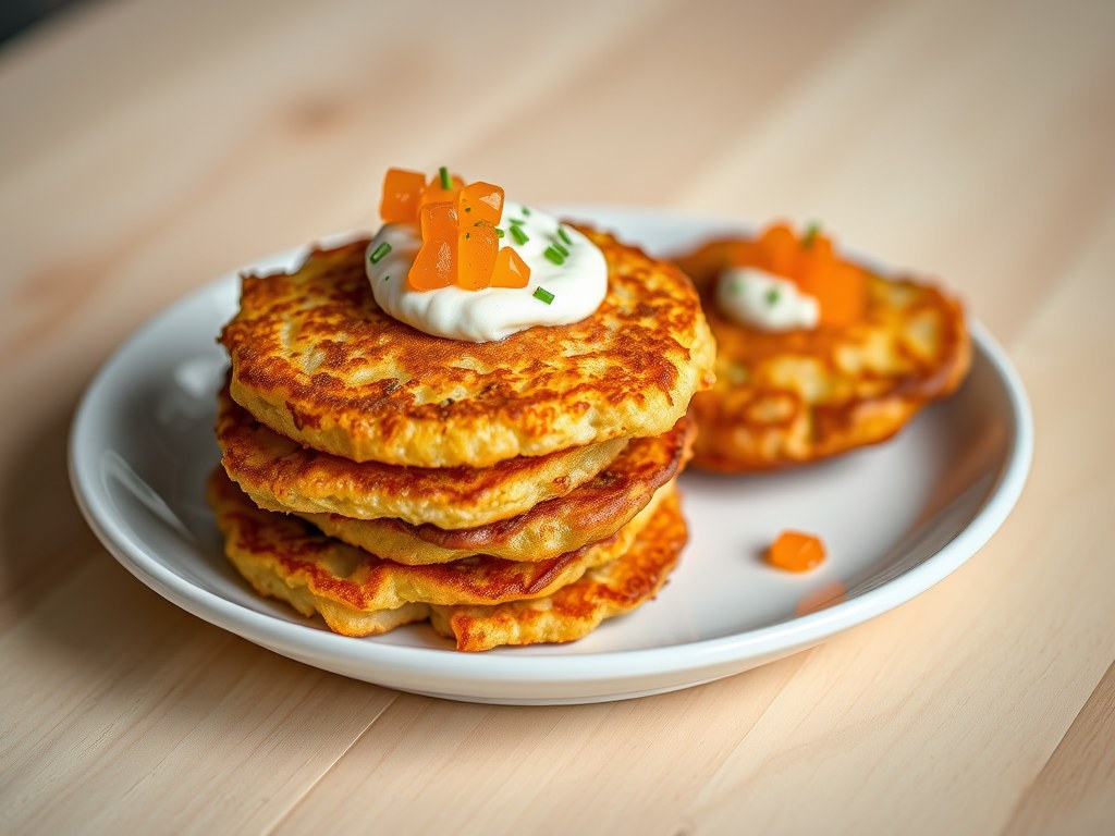Aardappelkoekjes met forelkaviaar, AI-gegenereerde illustratie
