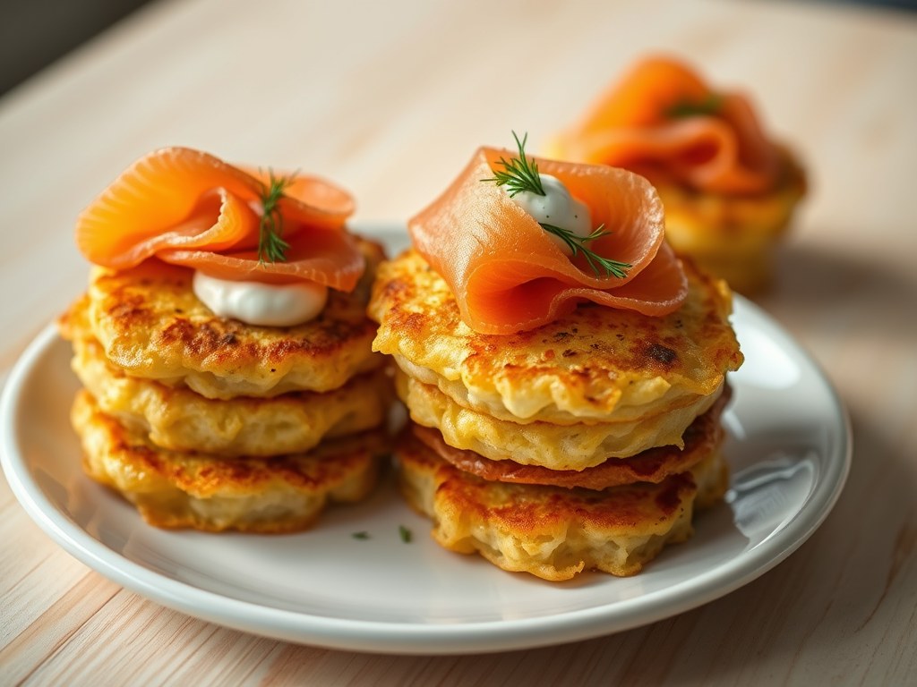 Aardappelkoekjes met gerookte zalm, AI-gegenereerde illustratie