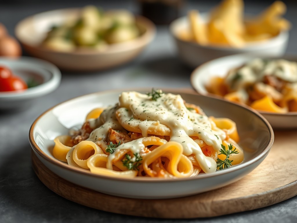 Aardappellasagna met gorgonzola, fonduta en saus, AI-gegenereerde illustratie