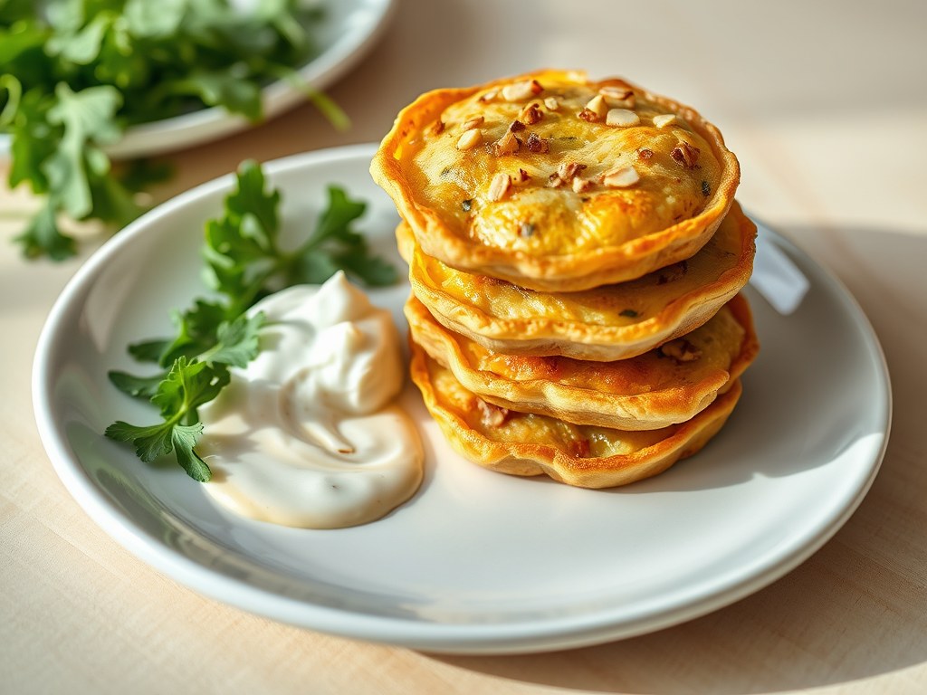 Aardappelnotentaartjes met mosterdyoghurtsaus, AI-gegenereerde illustratie