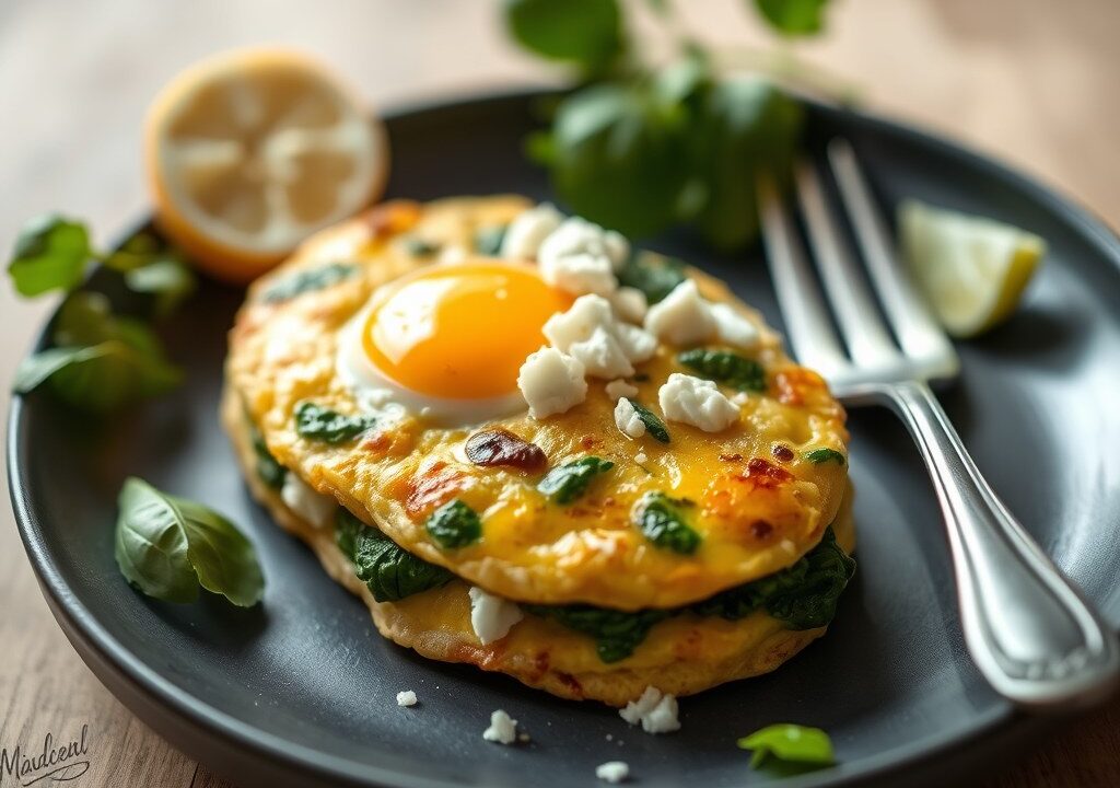 Aardappelomelet met spinazie en feta, AI-gegenereerde illustratie