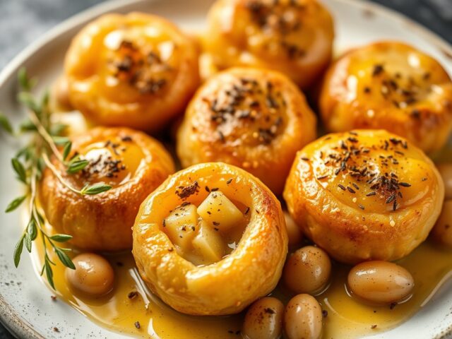 Aardappelpoffertjes met noilly prat-schuim — AI-gegenereerde illustratie